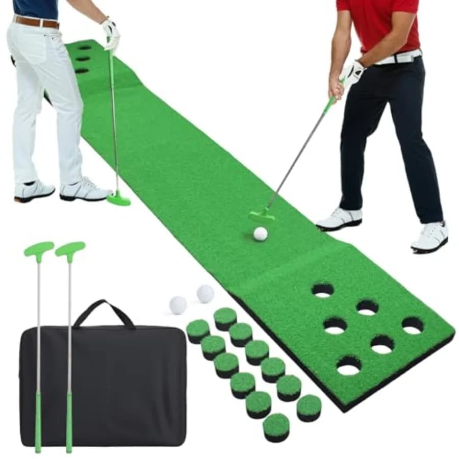 Set da Golf Portatile per Putting Indoor e Outdoor, Tappetino da Golf Pong con 2 Putter, 2 Palline, 12 Copri Buche, 1 S