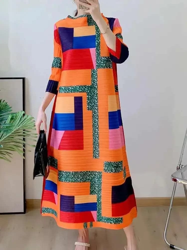 Abito Plissettato con Stampa a Contrasto, Moda Donna, Collo Tondo, Maniche Lunghe, Vestito da Festa, Nuova Collezione Primavera 2024 2U37T