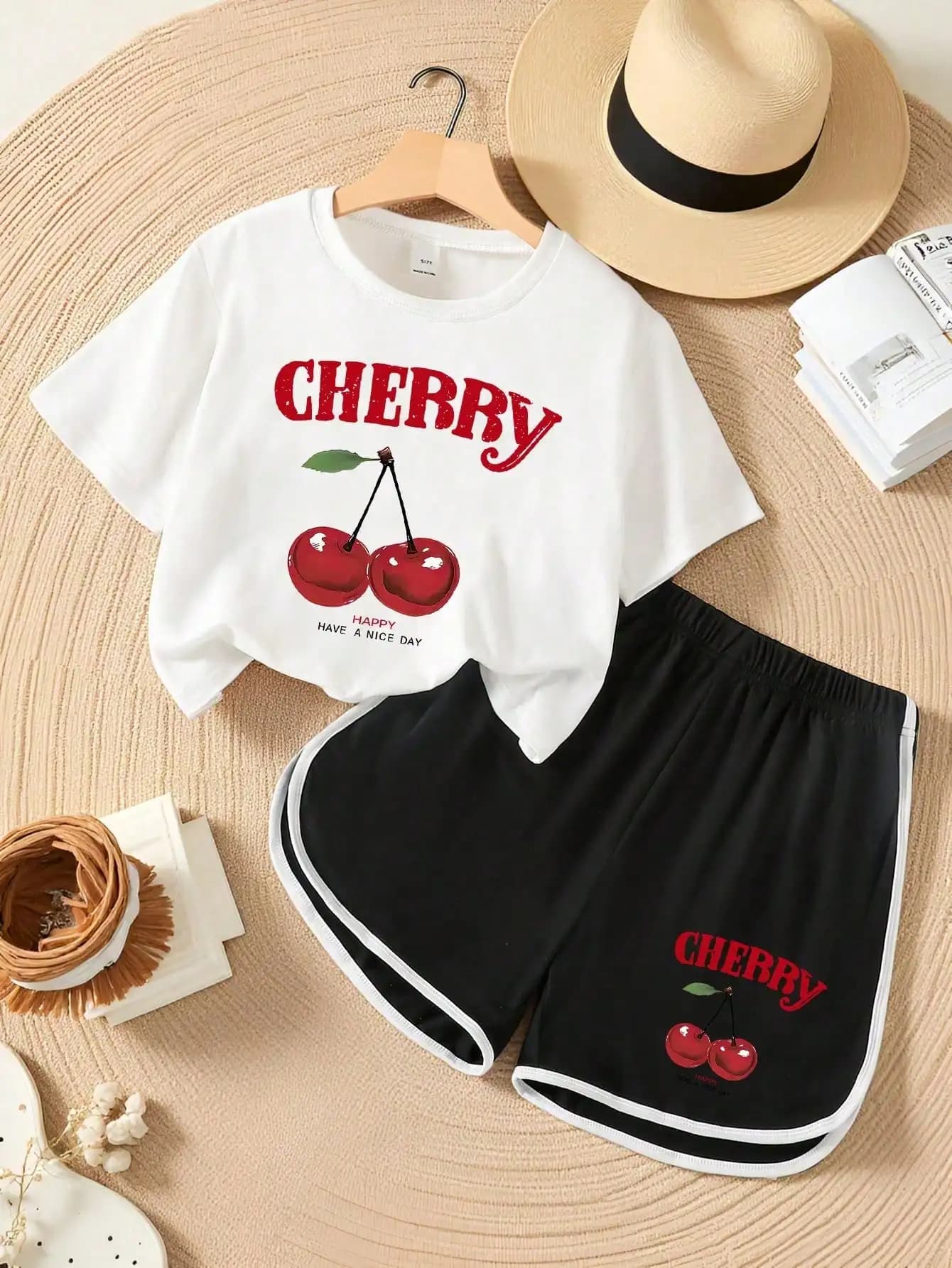 2pcs/Set Girls' Casual Outfit, Including "CHERRY" Cherry Print T-Shirt And Cherry Print Dolphin Shorts Set, Suitable For Back To School And Summer Wear