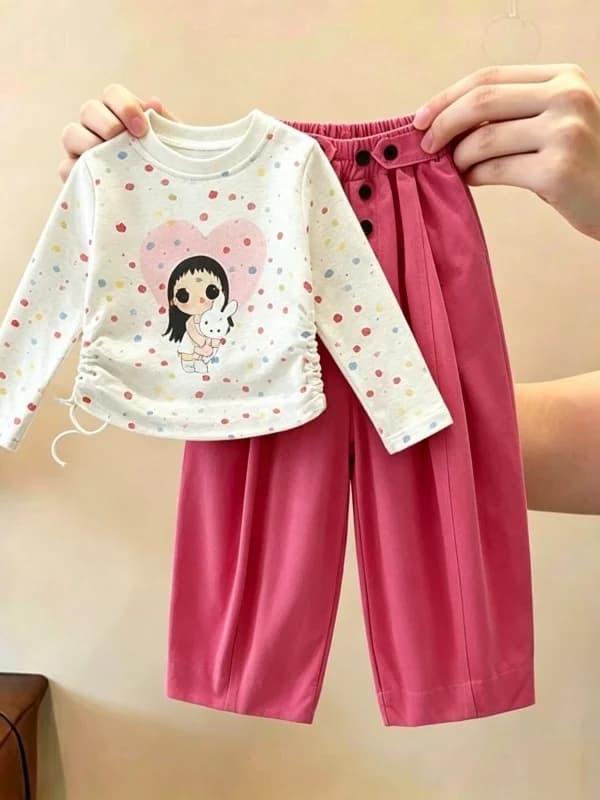 Girls' Autumn Casual Outfit 2026 New Fashion Cartoon Print Star Two-Piece Set Comfortable Leisure Wear for Kids