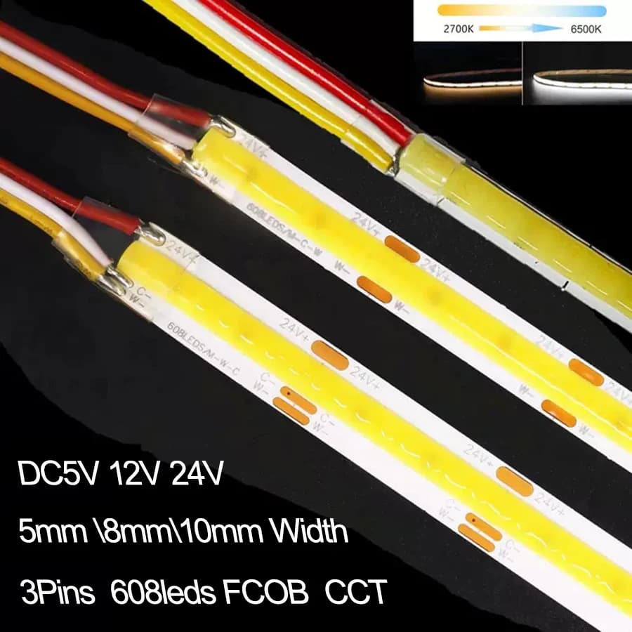 Strisce LED FCOB CCT da 5M DC5V 12V 24V, 608 LED/m, 5mm 8mm, Alta Densità, Flessibili, da 2500K a 6500K, Dimmerabili, per Decorazione d'Interni