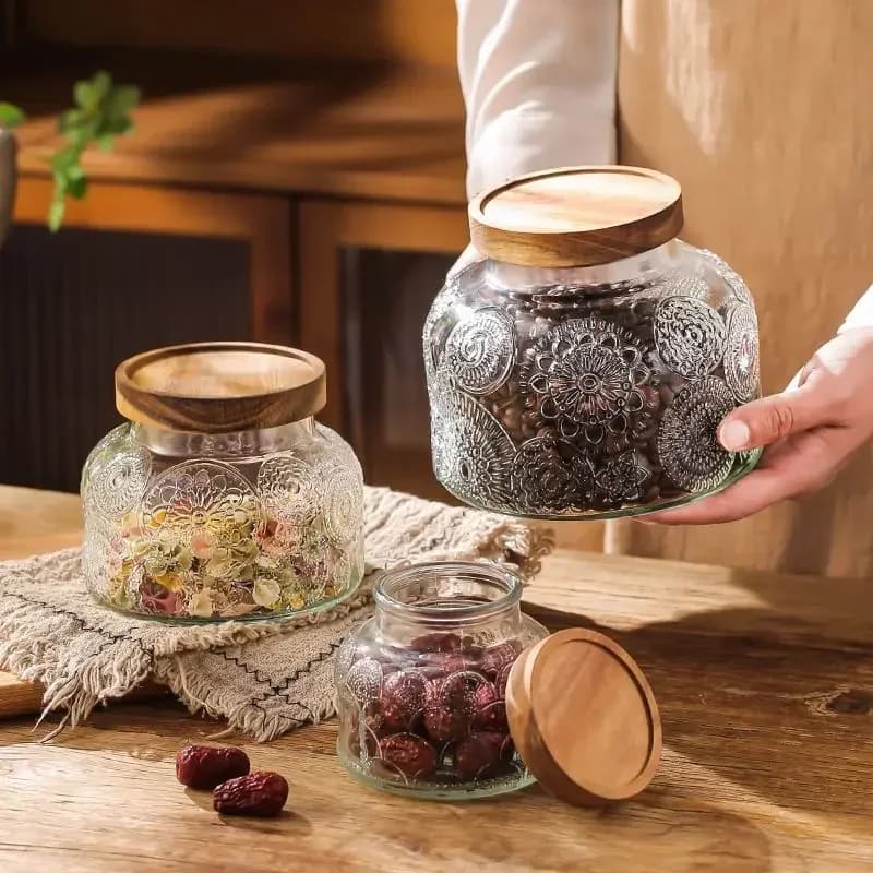 Vintage Begonia Pattern Glass Sealed Jar Storage Box Kitchen Household Dried Fruit Snacks Large Capacity Storage Jar Container