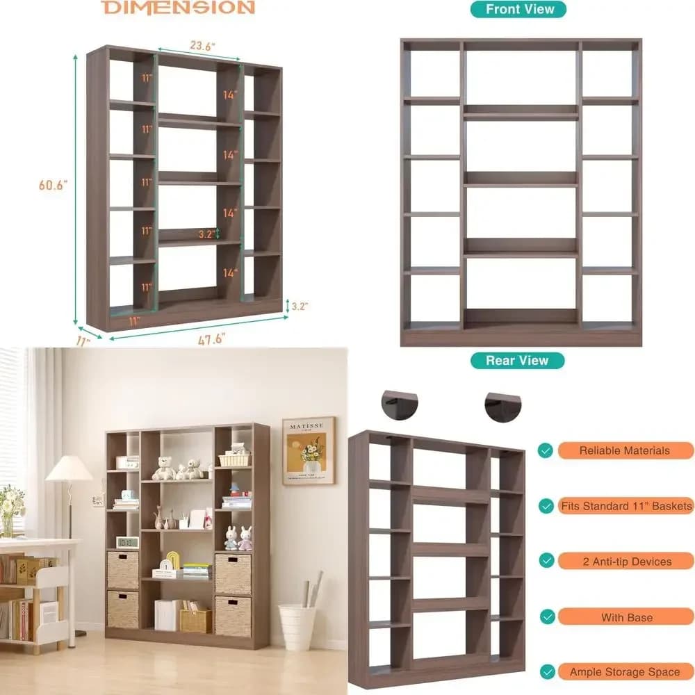 Cubic bookcase with base - Large wooden shelf with 10 open cubes and 4 shelves for home and office, self-supporting organizer