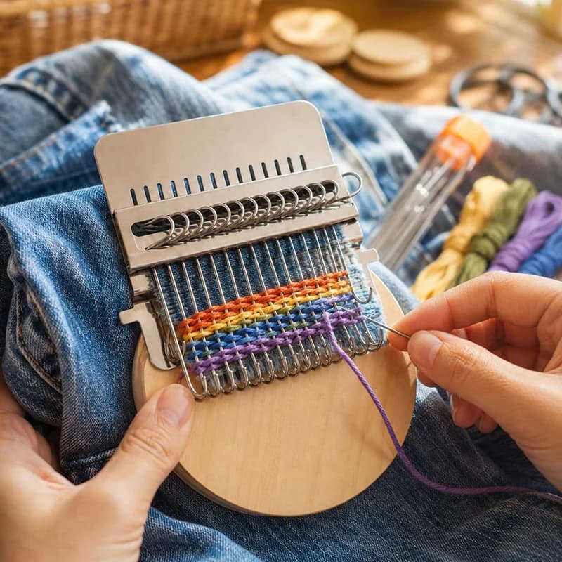 DT19 Mini Darning Loom Kit, Clothes Repair Tool for Visible Mending, Yarn Weaving Machine with Needles and for Colorful Threads