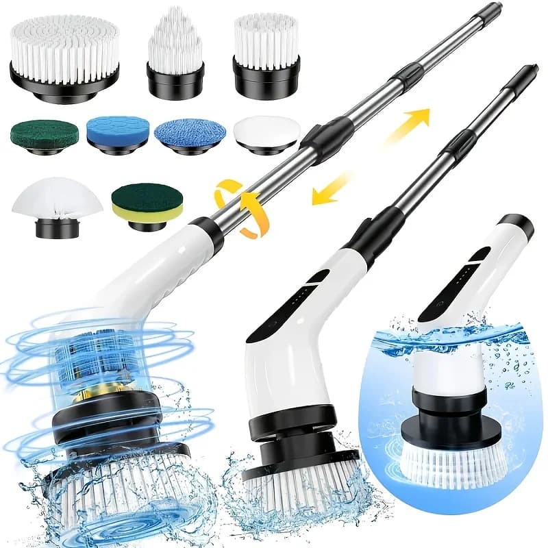 Spazzola Elettrica Rotante 9-in-1 Senza Fili Ricaricabile con 9 Testine, Pulitore Multiuso per Bagno, Cucina e Pavimenti