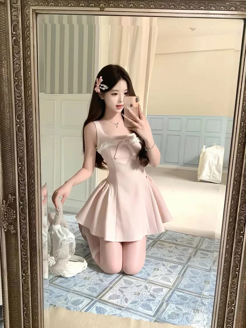 Sweet Princess Style Ruffle Hem Dress Pink Studio Design Breathable Polyester Material No Sleeve A-Line Silhouette