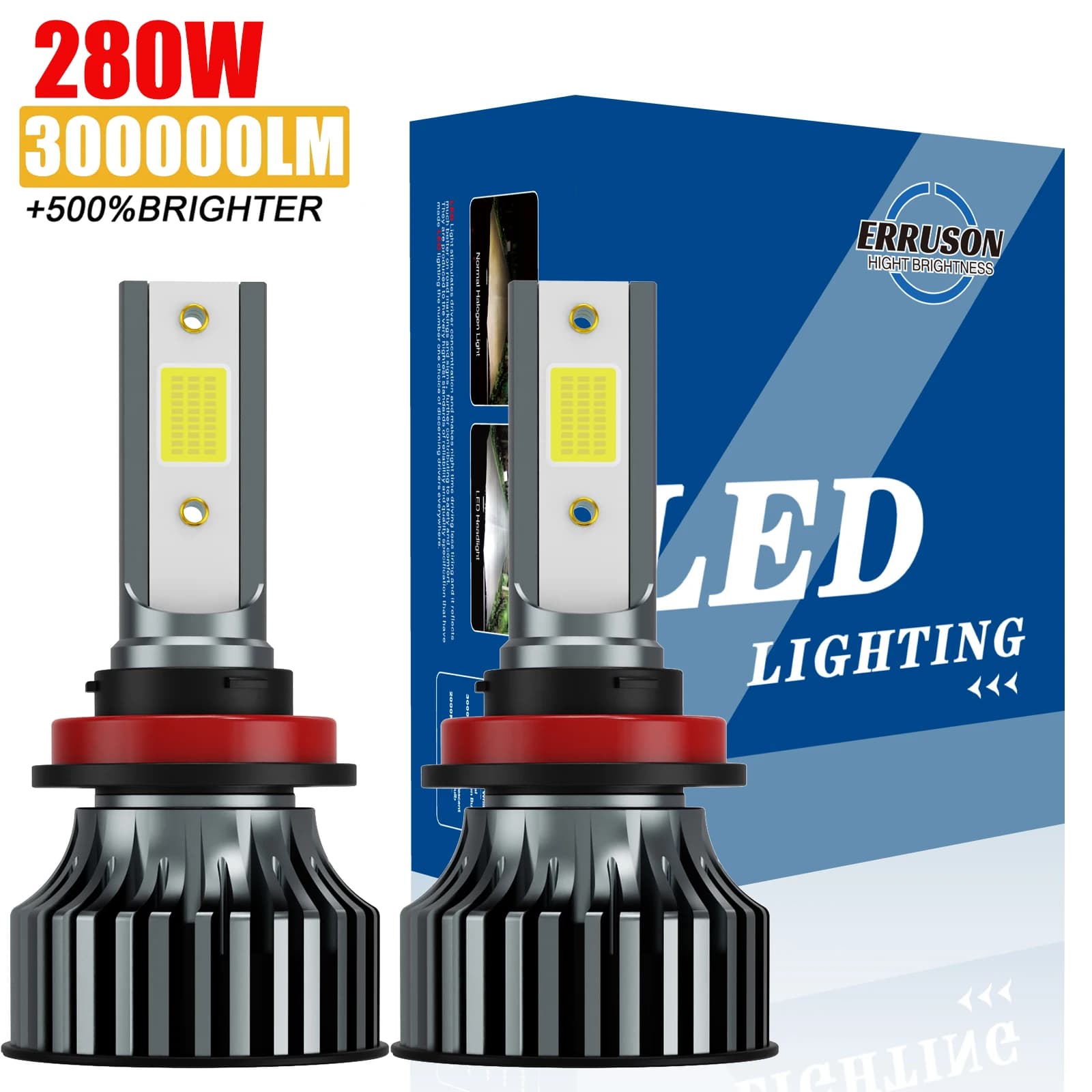 Erruson 280W 300000LM H11 H4 Hi/Lo H1 H3 H7 COB LED H11 9005 9006 9012 Lampadine per fari auto Fendinebbia per auto 12V Fari per auto