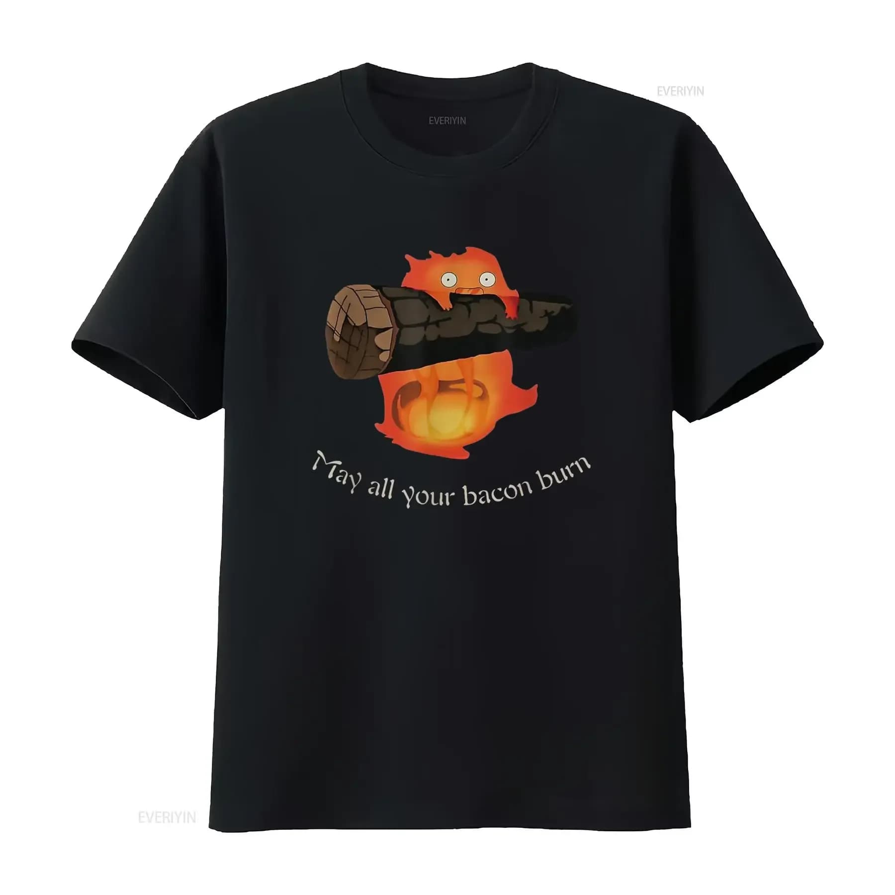 Calcifer May All Your Bacon Burn Aesthetic T Shirt vintage Washed Casual Unisex Versatile Slightly Top For Everyday Wear