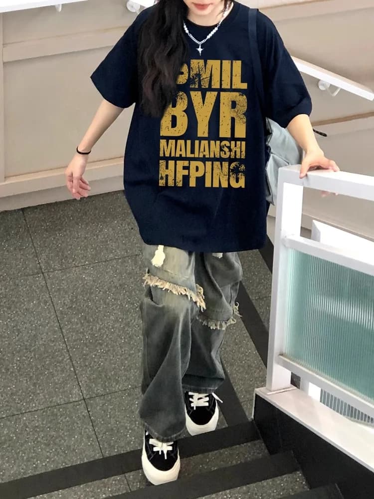 T-shirt Oversize da Donna in Puro Cotone Stile Americano con Stampa Lettere, Nuovo Design Sensazionale, Top Traspirante a Girocollo a Maniche Corte
