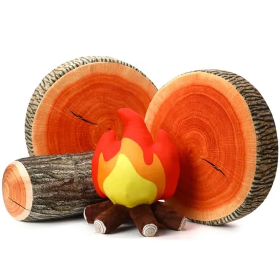 4 Pcs Pretend Campfire Set with 2 Tree Stump Pillows 1 Wood Pillow Floor Cushion 1 Fake Campfire Plush Decorative Round Throw P