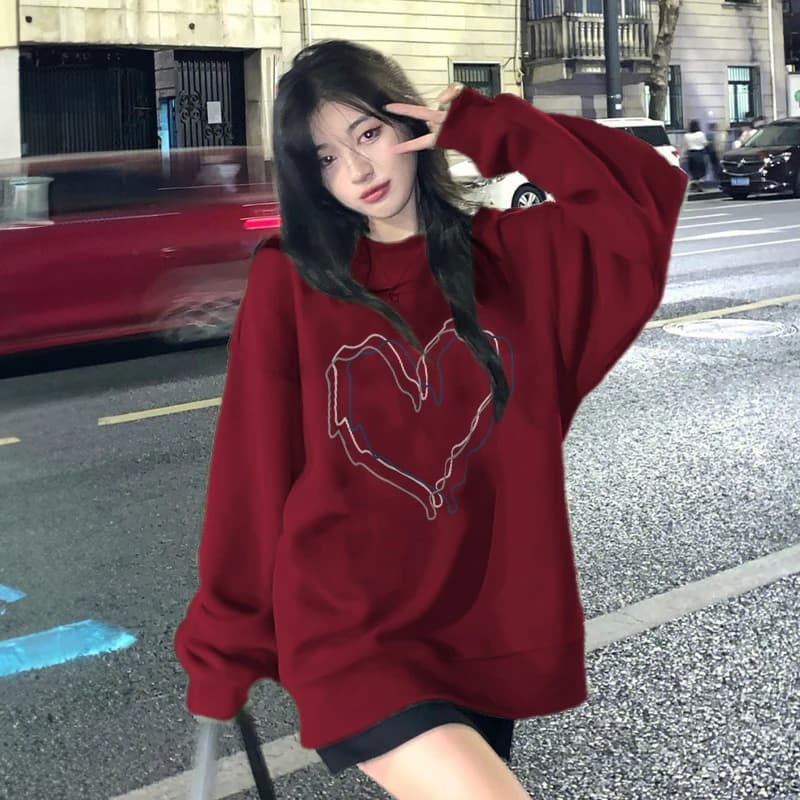 American Style Vintage round Neck Fleece Lined Sweatshirt Love Print Couple's Winter Outerwear Comfortable Loose Fit Hoodie