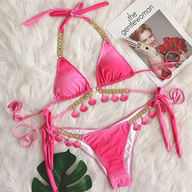 Bikini Sexy Rosa 2026 con Strass, Costume da Bagno Femminile Push-Up, Abbigliamento da Spiaggia, Costume da Bagno per Piscina