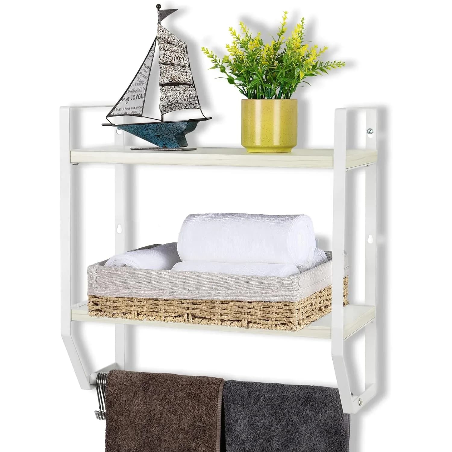 Mensola da bagno rustica a parete con/5 ganci e portasciugamani - Organizer portaoggetti a 2 livelli per cucina, camera da letto, soggiorno, bianco
