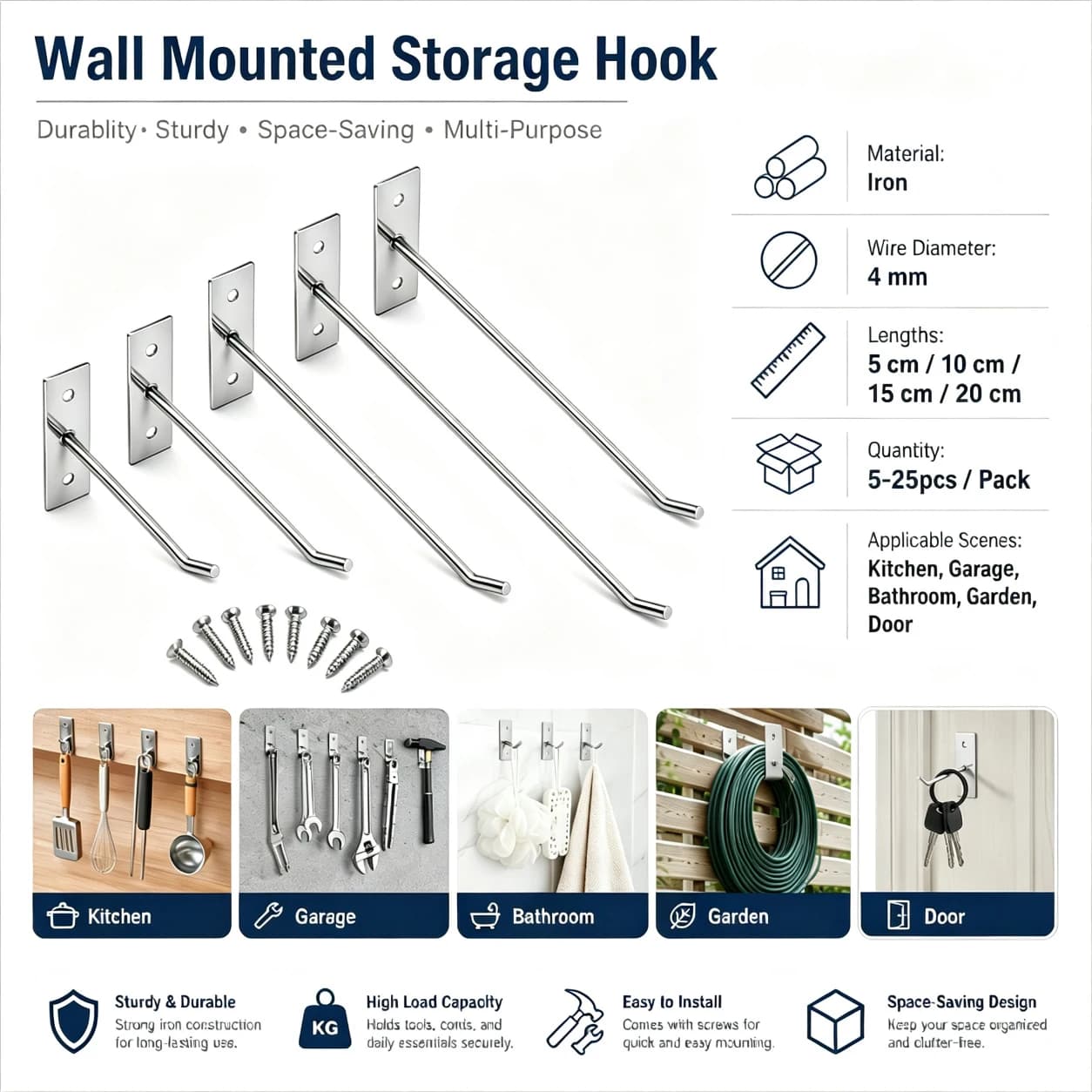 5-25Pcs Wall Mounted Hook With Screws, Garage Tool Organizer Hooks, Kitchen Utensil Rack Home Storage Holder for Office Cabinet