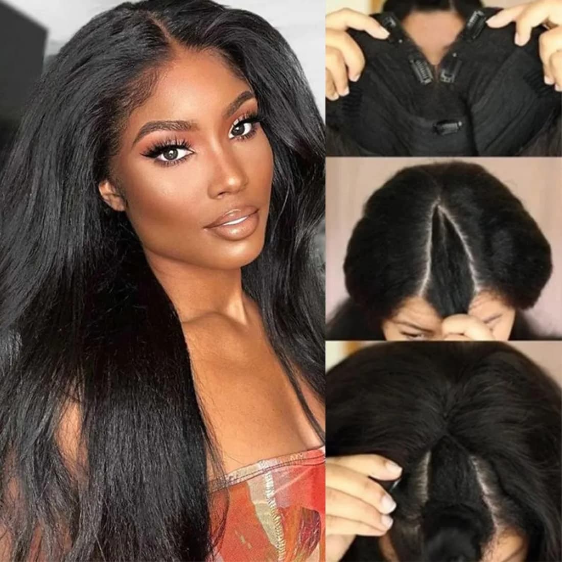 Wig for human hair smooth cracks with part to V, density of 250%, for women, wig with part to U, without leaving out, V-shaped clip in half wigs, without glue