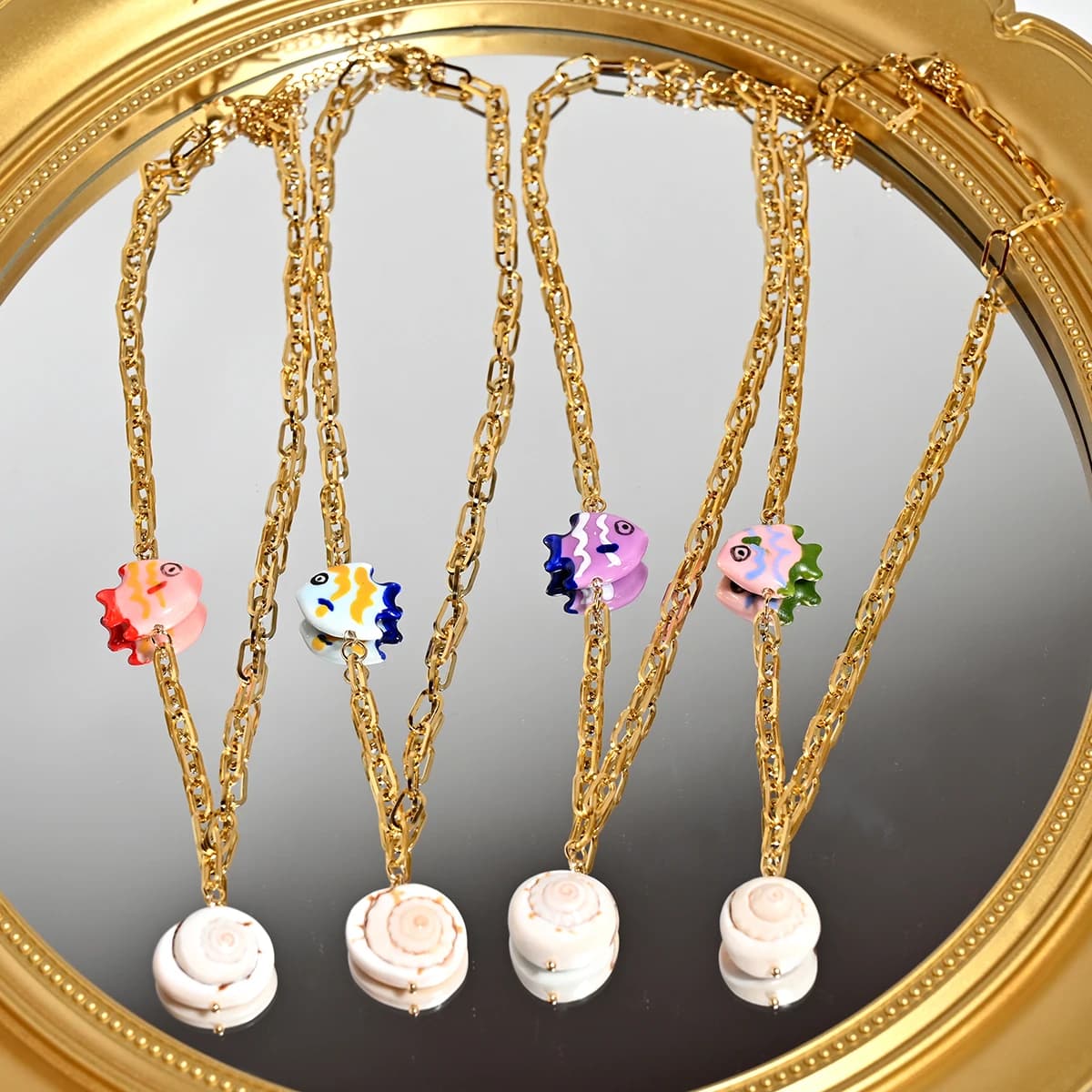 Stainless Steel Chain Ceramic Tropical Marine Small Fish Necklace for Women, Shell Conch Pendant Jewelry