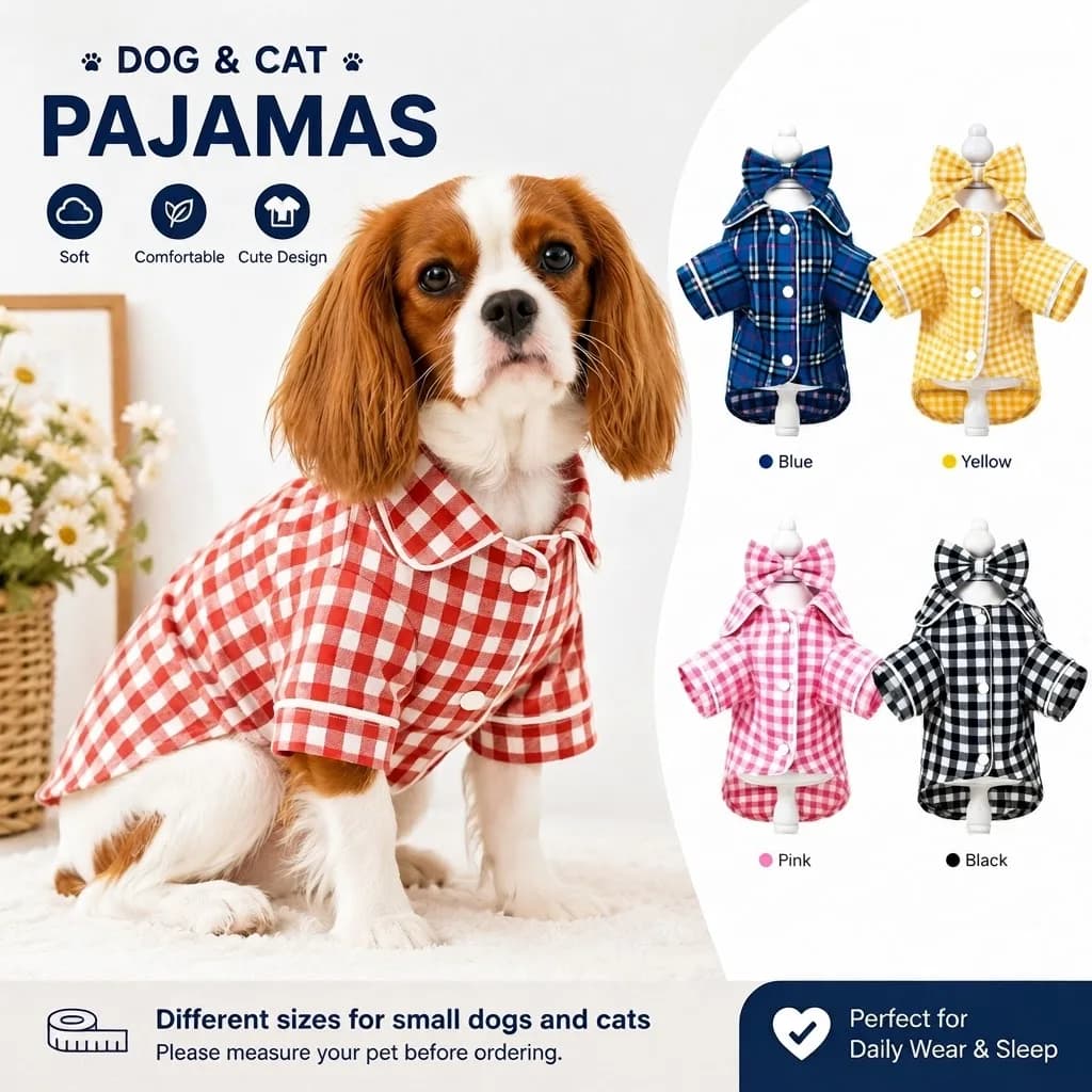Plaid Pet Pajamas for Dogs Cats, Cute Checkered Sleepwear Lounge wear, Soft Coat for Small Medium Puppy Kitten Indoor Life