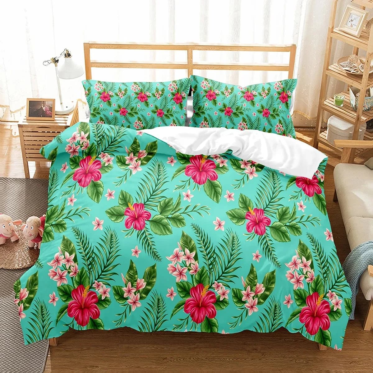 Copripiumino floreale Hibiscus Twin King Size Set biancheria da letto con foglie di palma tropicali, copripiumino con fiori botanici per la cameretta degli adolescenti