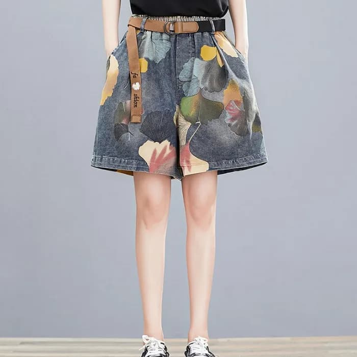 plus Size Women's Retro Artistic Print Denim Pants Elastic Waist Slim Wide Leg orts Casual Loose Summer Sle Jeans