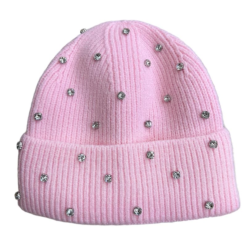 Women's Knit Beanie Winter Hat with Rhinestones, Stylish Solid Color Warm Fleece Lined Cap for Cold Weather