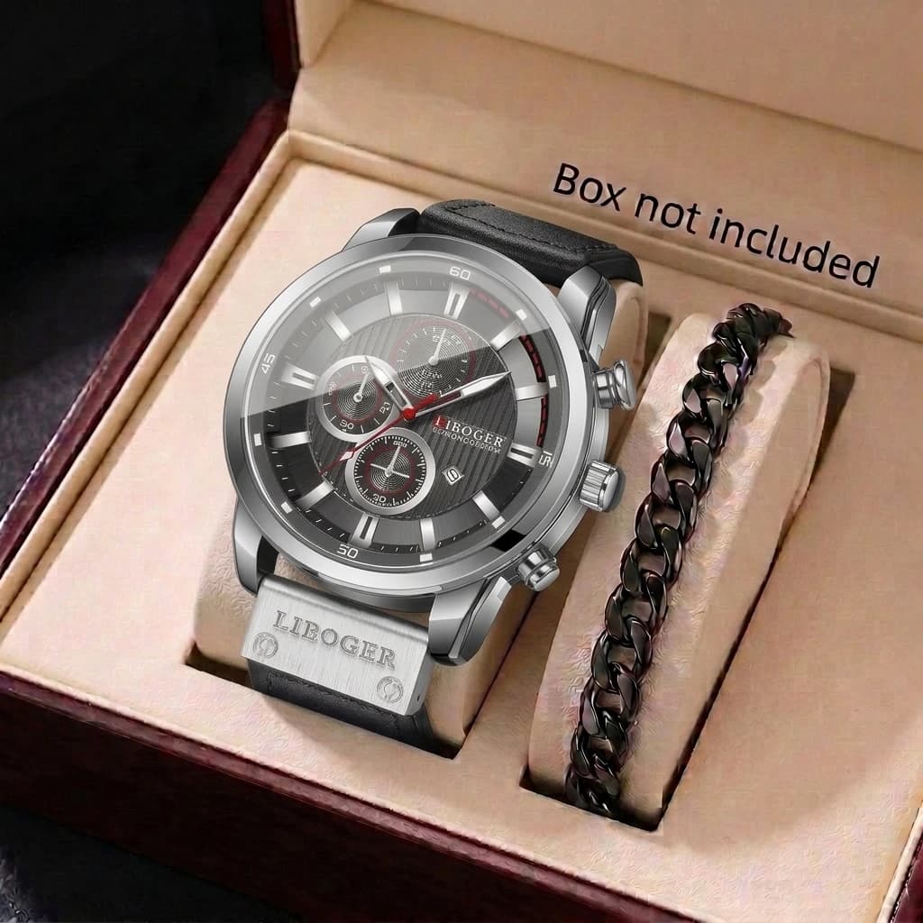 2PCS Fashion Men Calendar Quartz Watch Bracelet Set Military Big Dial Leather Strap Wristwatches Relogio Masculino（Without Box）