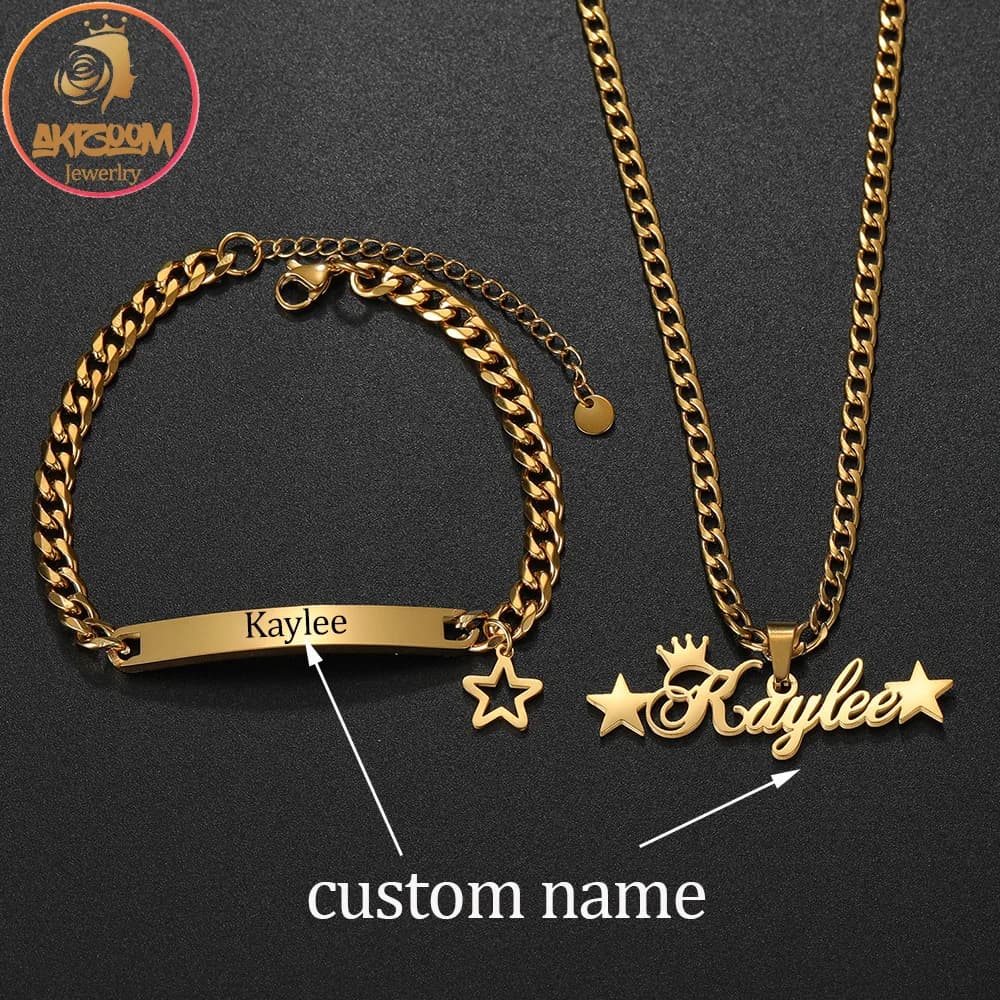 Set di Gioielli Personalizzati Akizoom Punk con Incisione Nome Corona Collana e Bracciale in Acciaio Inossidabile per Donna Uomo Regalo di Compleanno