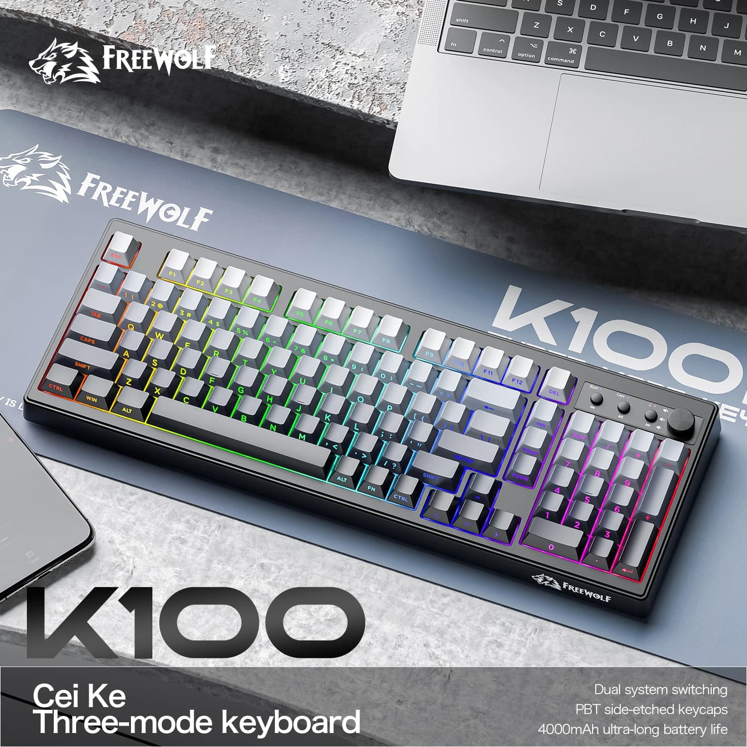 Tastiera da gioco silenziosa a tre modalità FREEWOLF k100, incisione laterale sfumata, illuminazione RGB, adatta per PC e laptop WIN/MAC