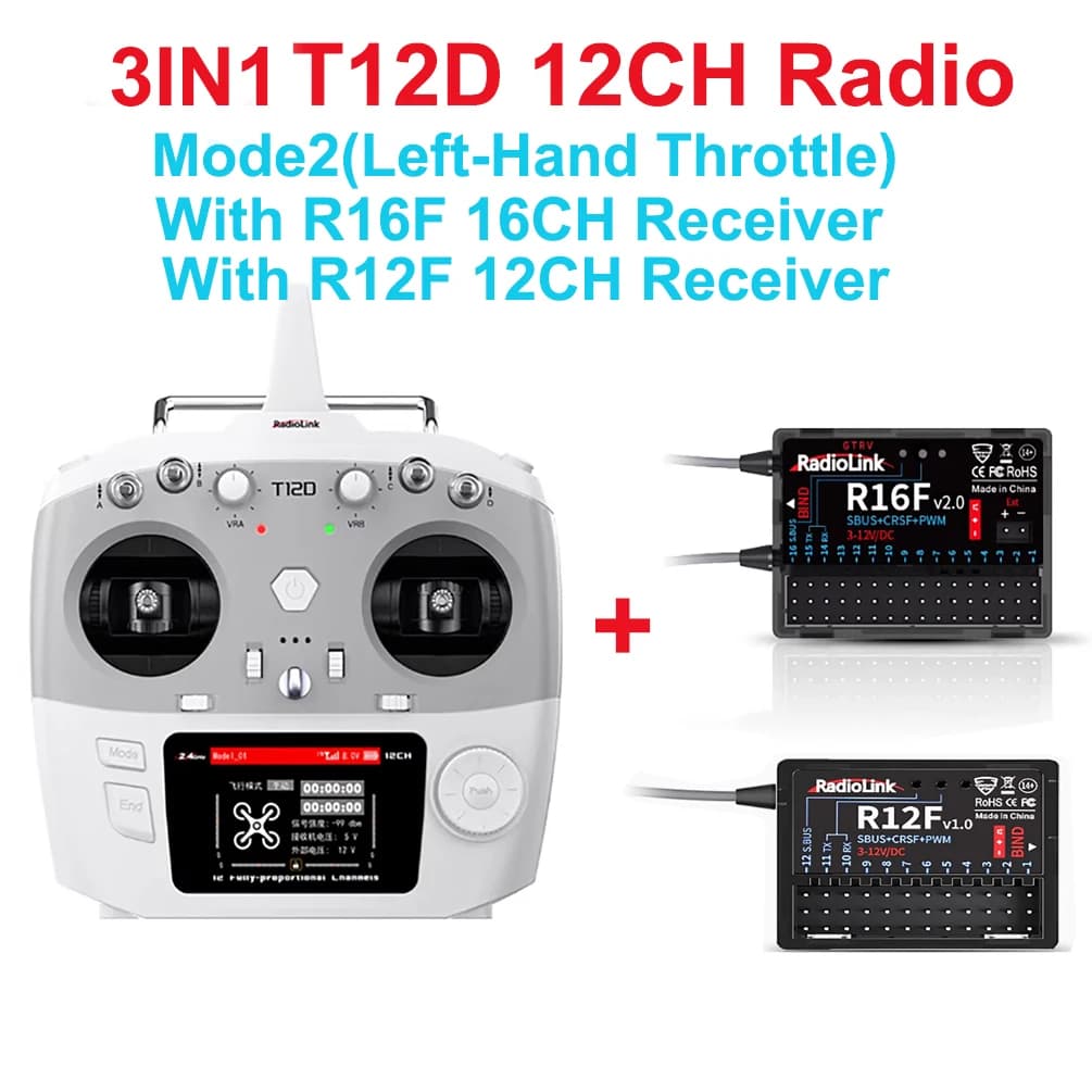 RadioLink T12D 2.4GHz ELRS 12CH PWM & SBUS & PPM & CRSF Radio con Schermo da 2.8 Pollici e Ricevitore R16F 16CH R12F 12CH per Elicotteri RC