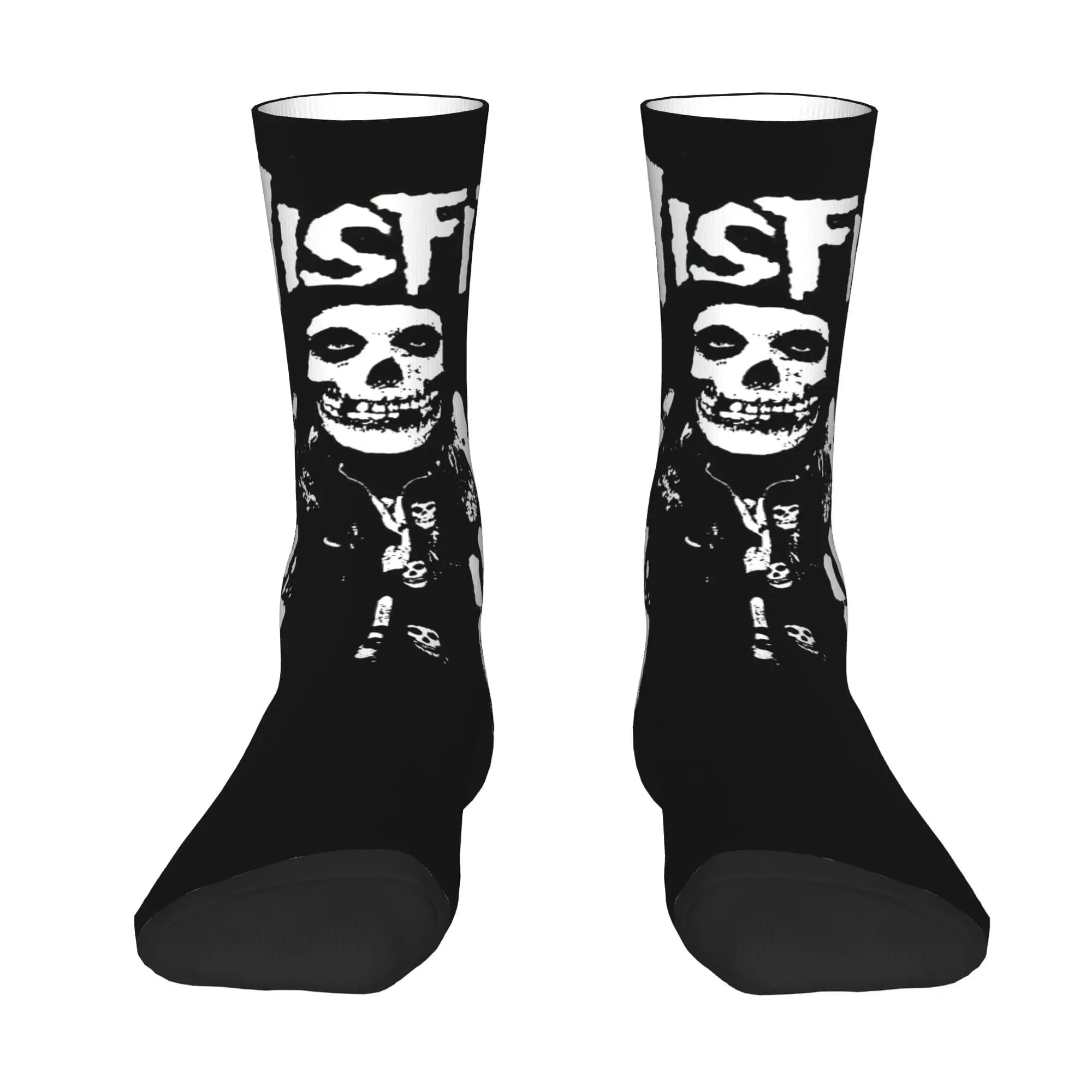 Custom Novelty Print Rock Punk Band Misfits Skull Face Heavy Metal Socks for Men Women Stretchy Summer Autumn Winter Crew Socks