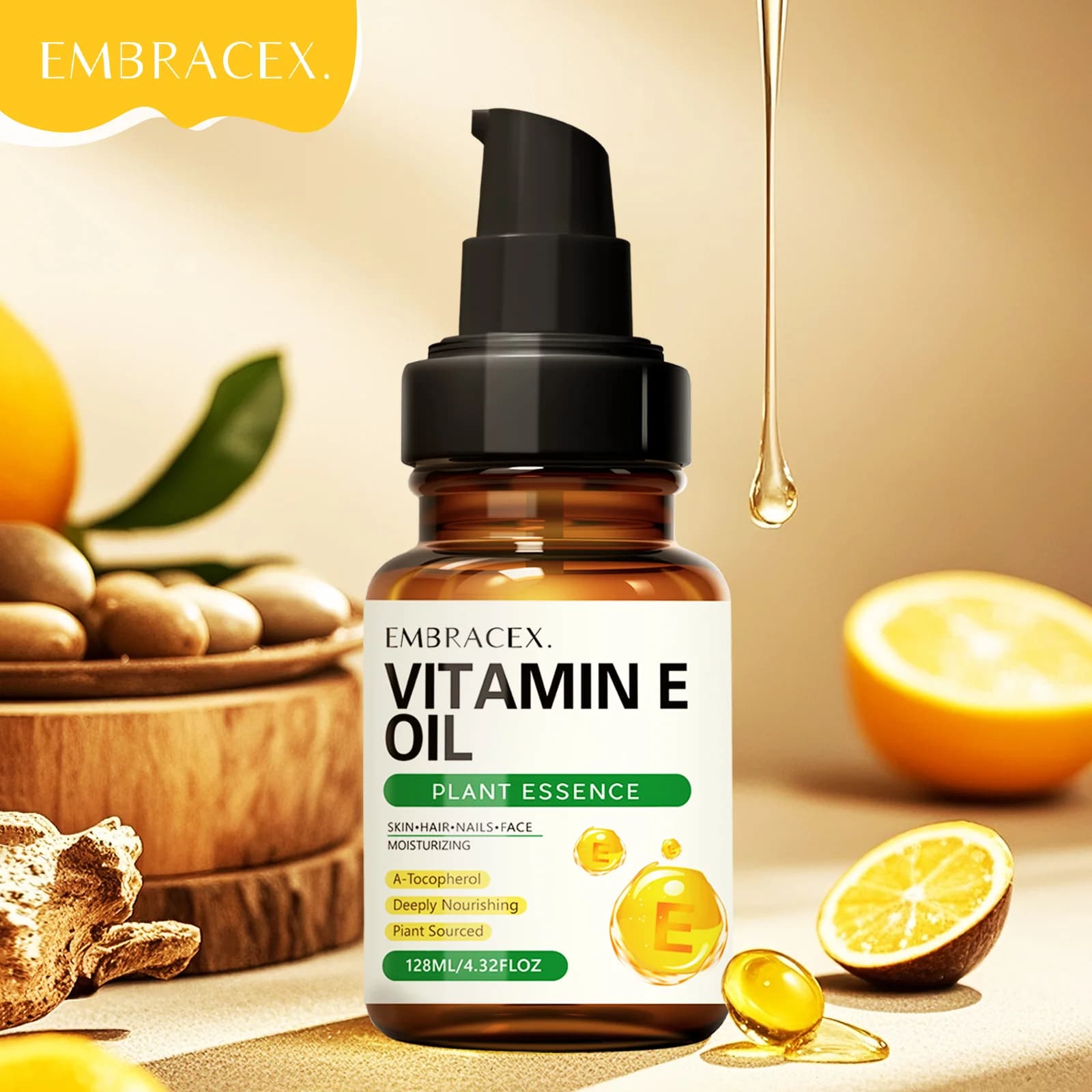 Oli essenziali di olio di vitamina E da 128 ml, regalo per amici/parti, cura della pelle, cura dei capelli, cura delle unghie, olio da massaggio, ingredienti naturali