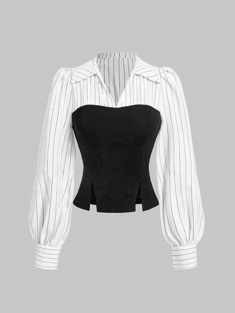 Camicia da donna con risvolto impiombato a righe alla moda, elegante abbigliamento da ufficio casual da lavoro in stile moda