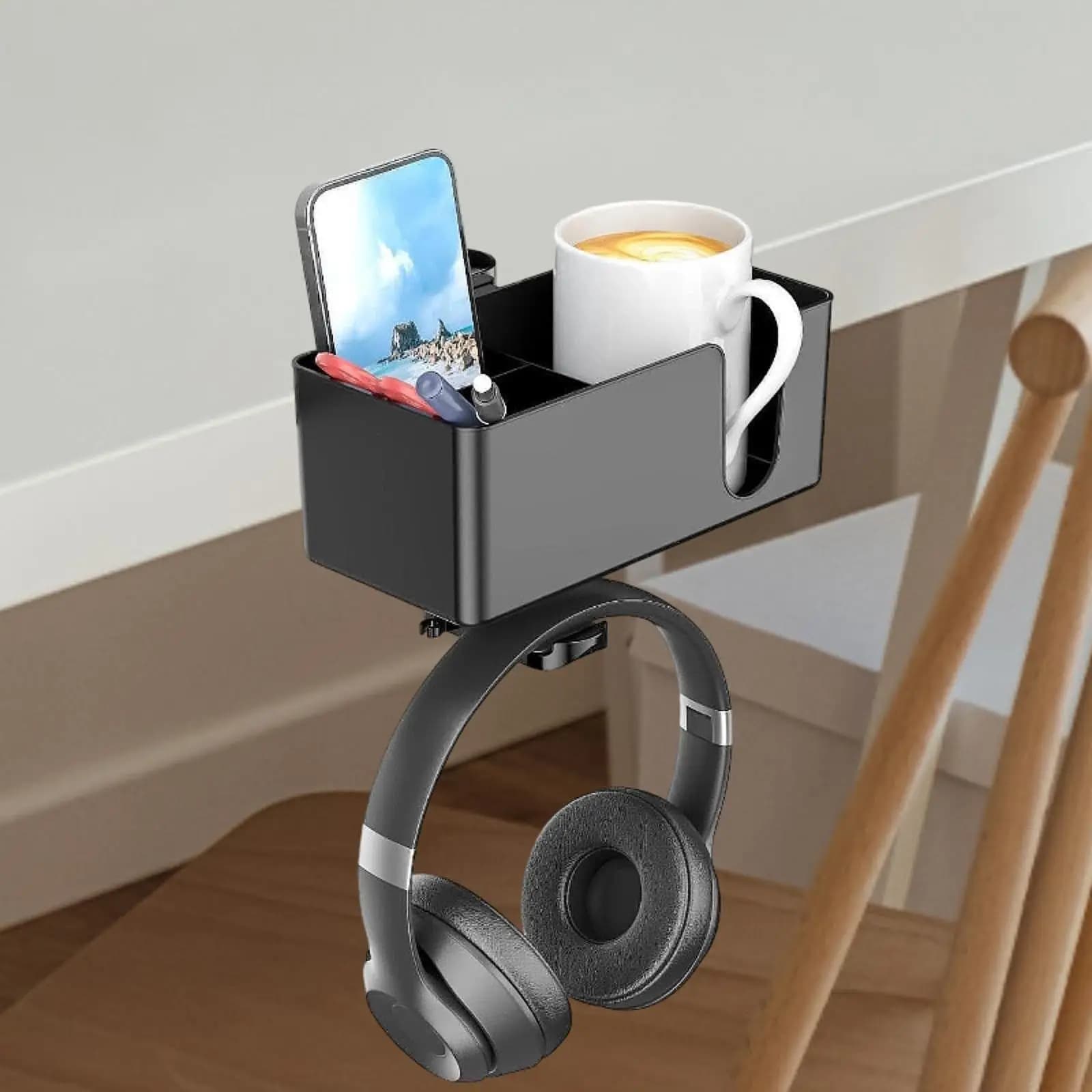 4 in 1 Desk Cup Holder Desktop Organizer Easy to Install Hook Multifunction Headphone Hanger for Stationery NightStand Office