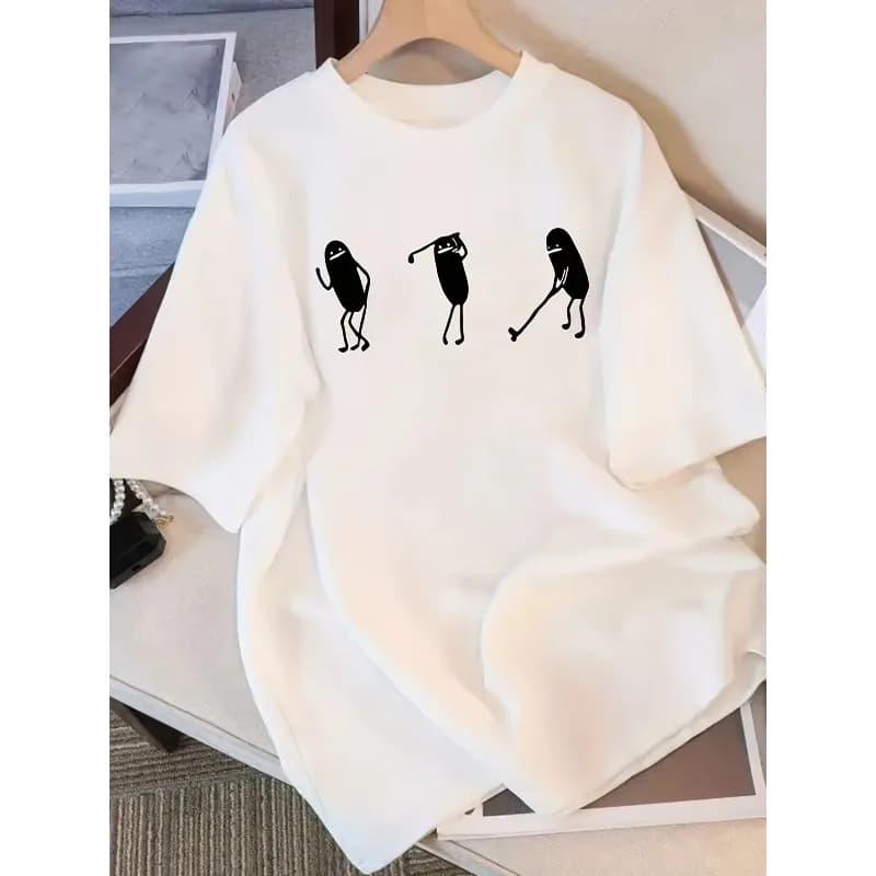 T-shirt da donna bianca a tema golf in puro cotone, casual, divertente stampa cartoon golfista, girocollo, primavera estate autunno