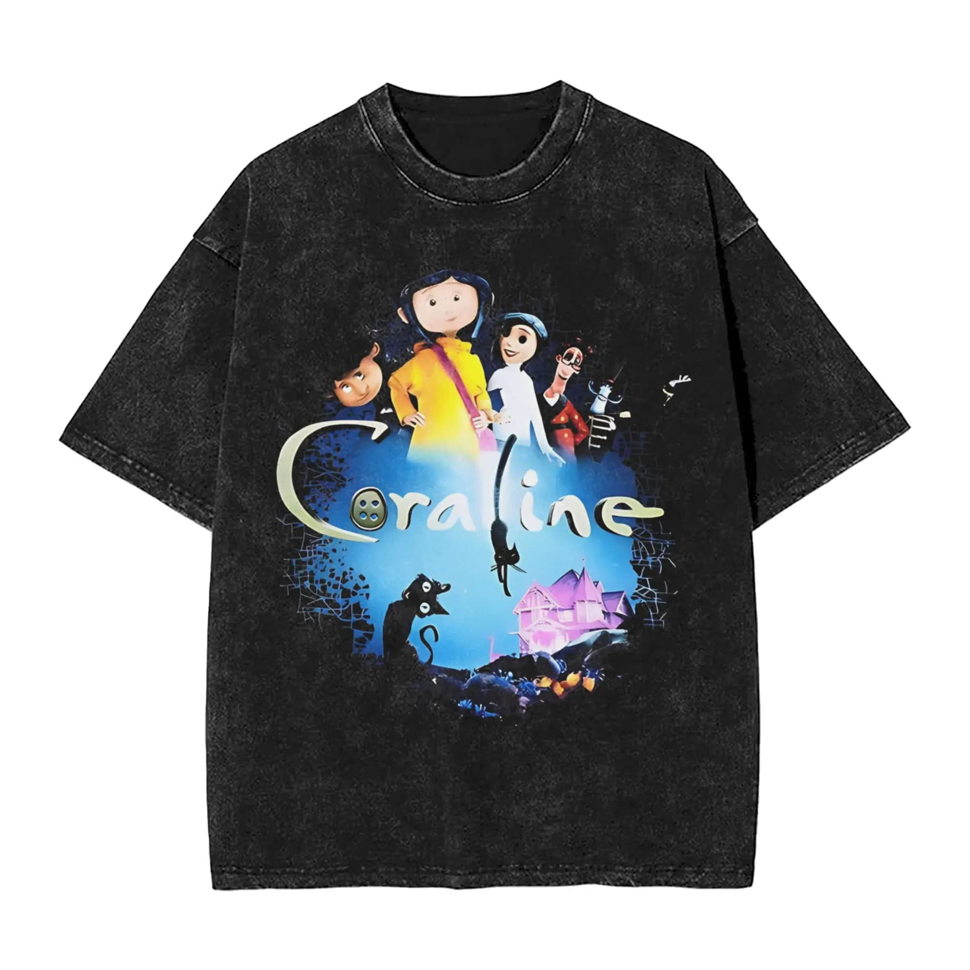 Coraline Movie Halloween Washed T Shirt Men Y2K Funny Cotton T Shirts Summer O-Neck Hipster Tees Print Big Size Tops