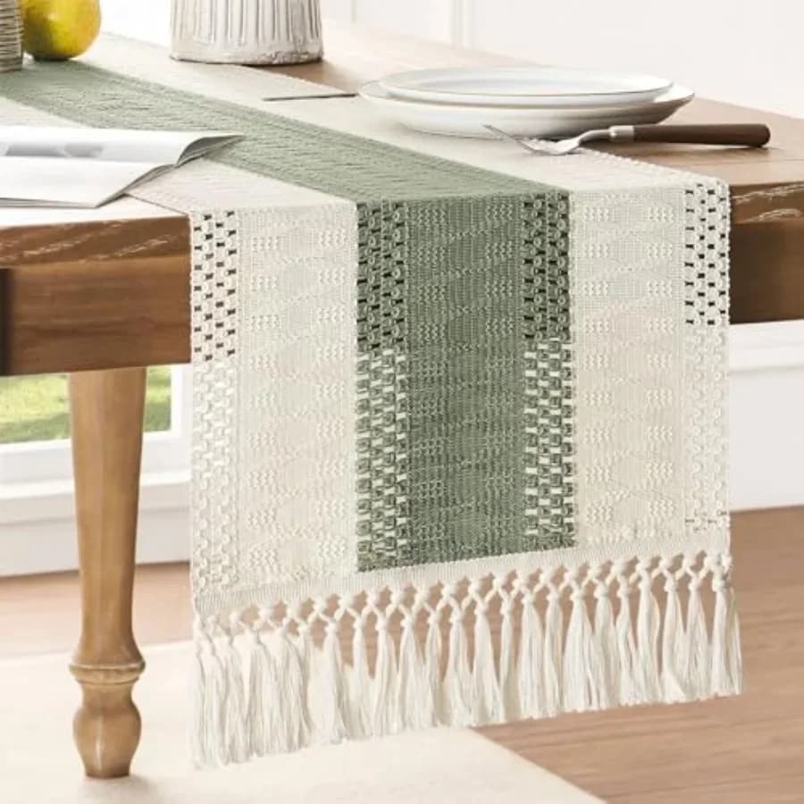 Macrame Style Bicolor Stitching Table Runner, 14 x 72 Inch Green/Ivory, Boho Sage Green Table Runners 72 Inch Long, Farmhouse W