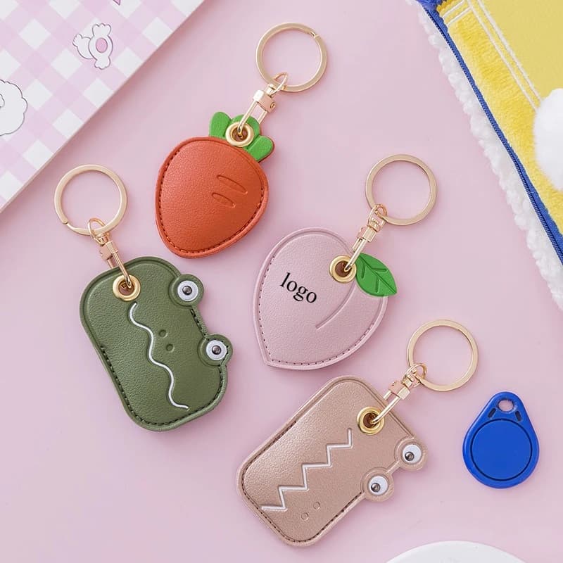 Customized LOGO Keychain Leather Laser Engrave for Access Control Card Cover with Key Chain Cute Animal Cartoon Fruit Badge Gift