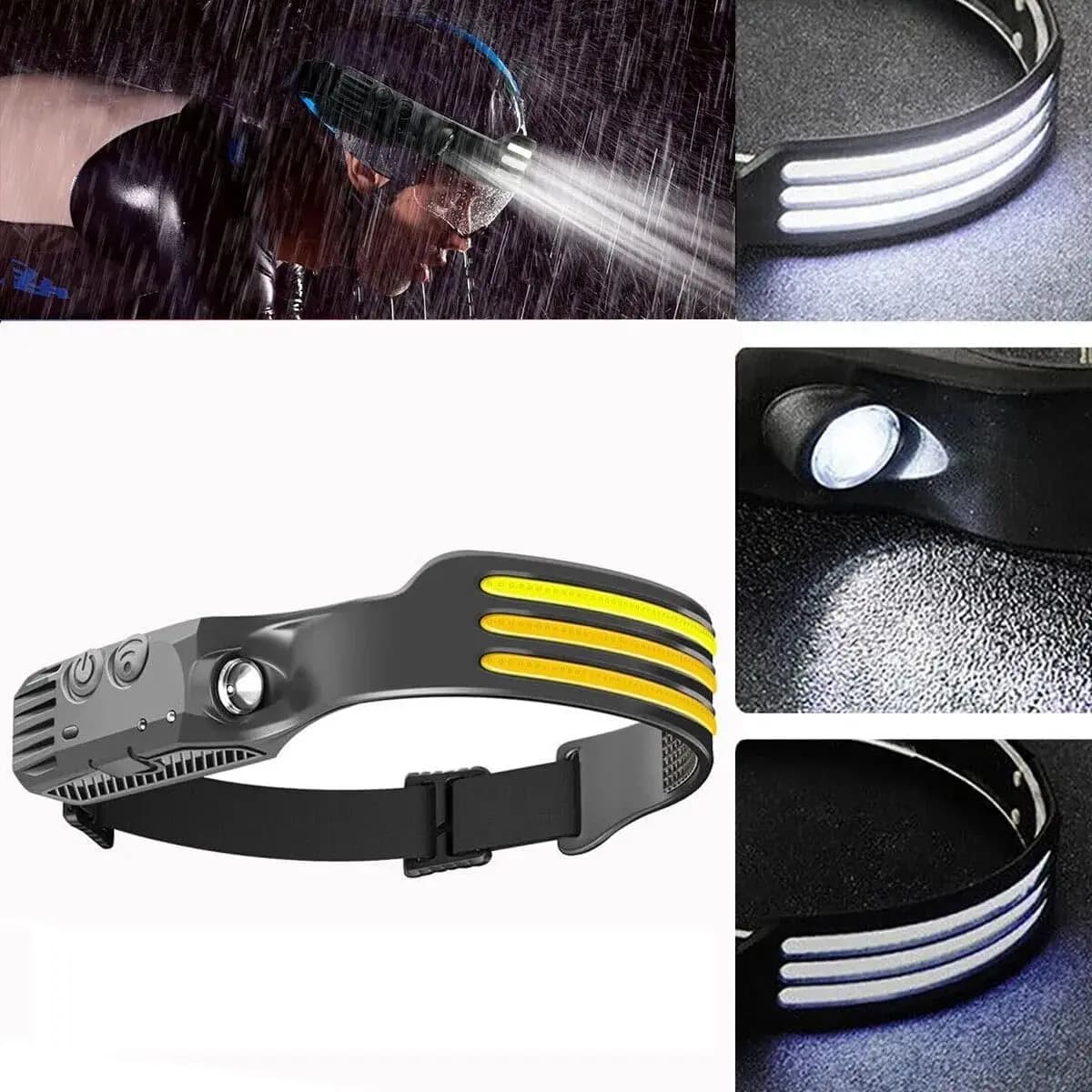 Headlamp Rechargeable,Motion Sensor 230° COB Head Lamp,Headlights for Forehead, Hard Hat Light, LED Headband Flashlight 3 Strips