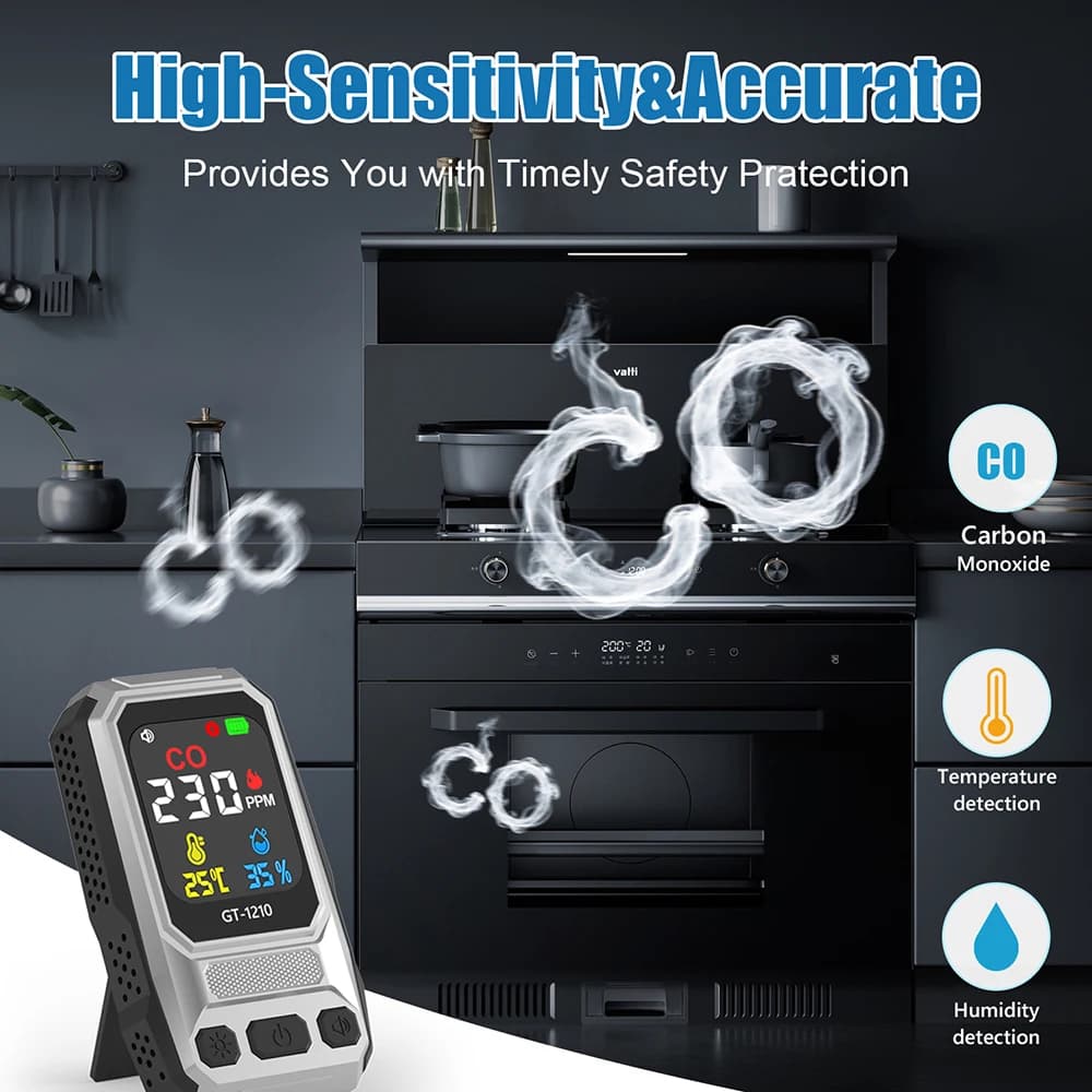3 In 1 CO Alarm Sensor Carbon Monoxide Alarm Detector Temperature Humidity Meter LCD High Sensitive Warning 0-999ppm CO Alarming