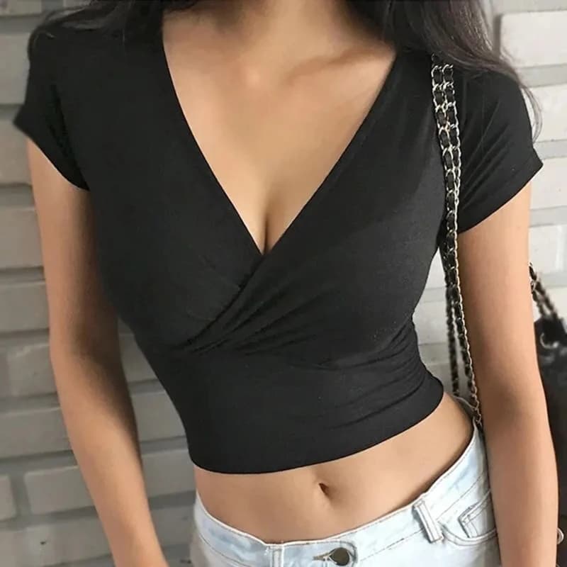 Women Sexy Deep V Neck Crop Tops Summer Casual Short Sleeve Slim Fit Bodycon Wrap T Shirt Blouse