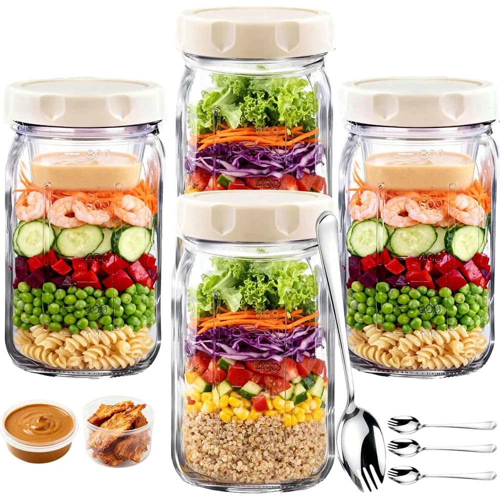 Set di 4 Barattoli in Vetro per Insalata, Contenitore per Preparazione Pasti da 32oz con 4 Forchette, Contenitore Ermetico per Insalata con Scomparti Separati per Condimenti Umidi/Secchi