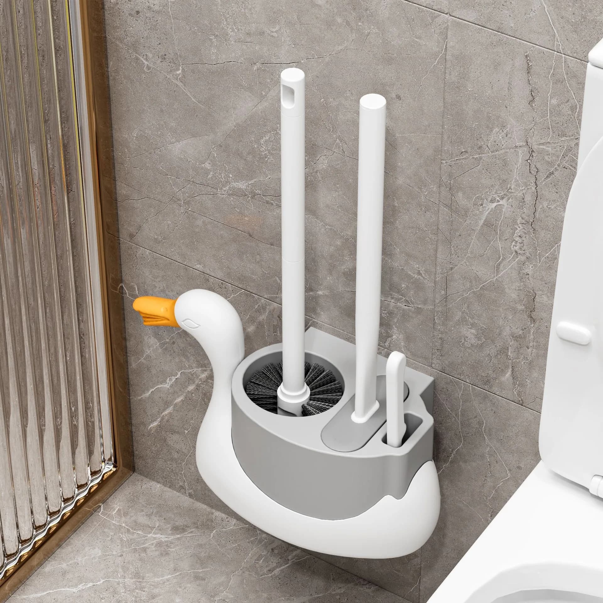 Spazzola per WC 3-in-1 White Swan, da appendere, per la casa, senza angoli morti, set spazzola per WC, accessori per la pulizia del bagno