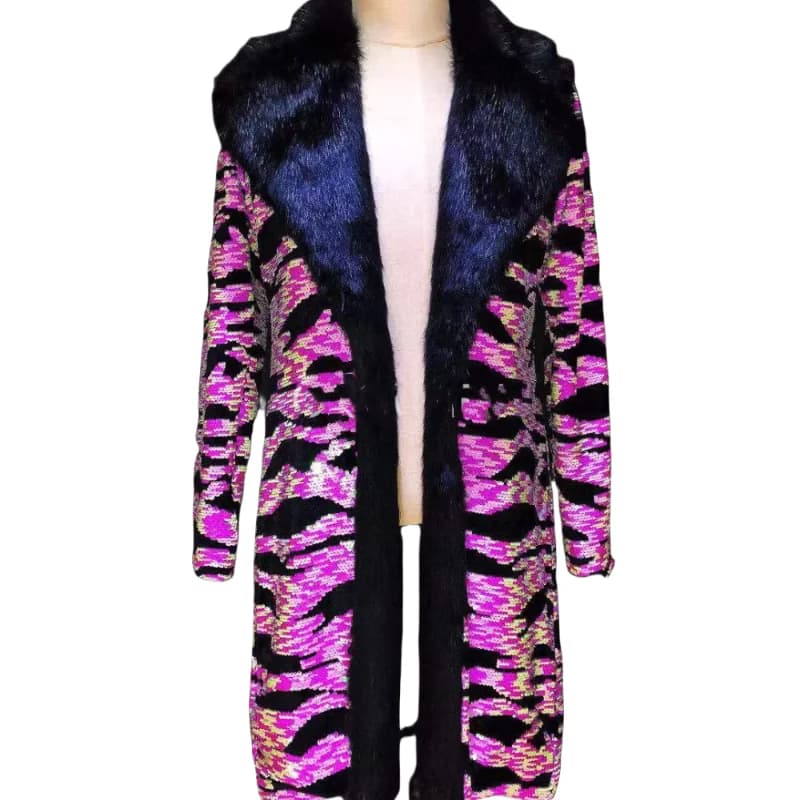 Fluorescence Pink Zebra Print Long Coat Fashion Fur Collar Jacket Costumes Nightclub bar Male Singer Dance Stage Show Coat
