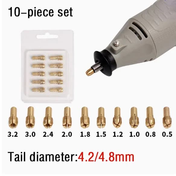Set di accessori per smerigliatura elettrica da 10 pezzi, 0,5~3,2 mm, micro pinze in ottone per utensili rotanti Dremel, diametro dell'impugnatura: 4,2/4,8 mm