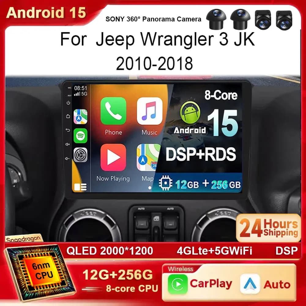 Android15 Per Jeep Wrangler 3 JK 2010-2018 Autoradio Lettore Video Multimediale Navigazione Stereo GPS wireless Carplay WIFI 4G BT