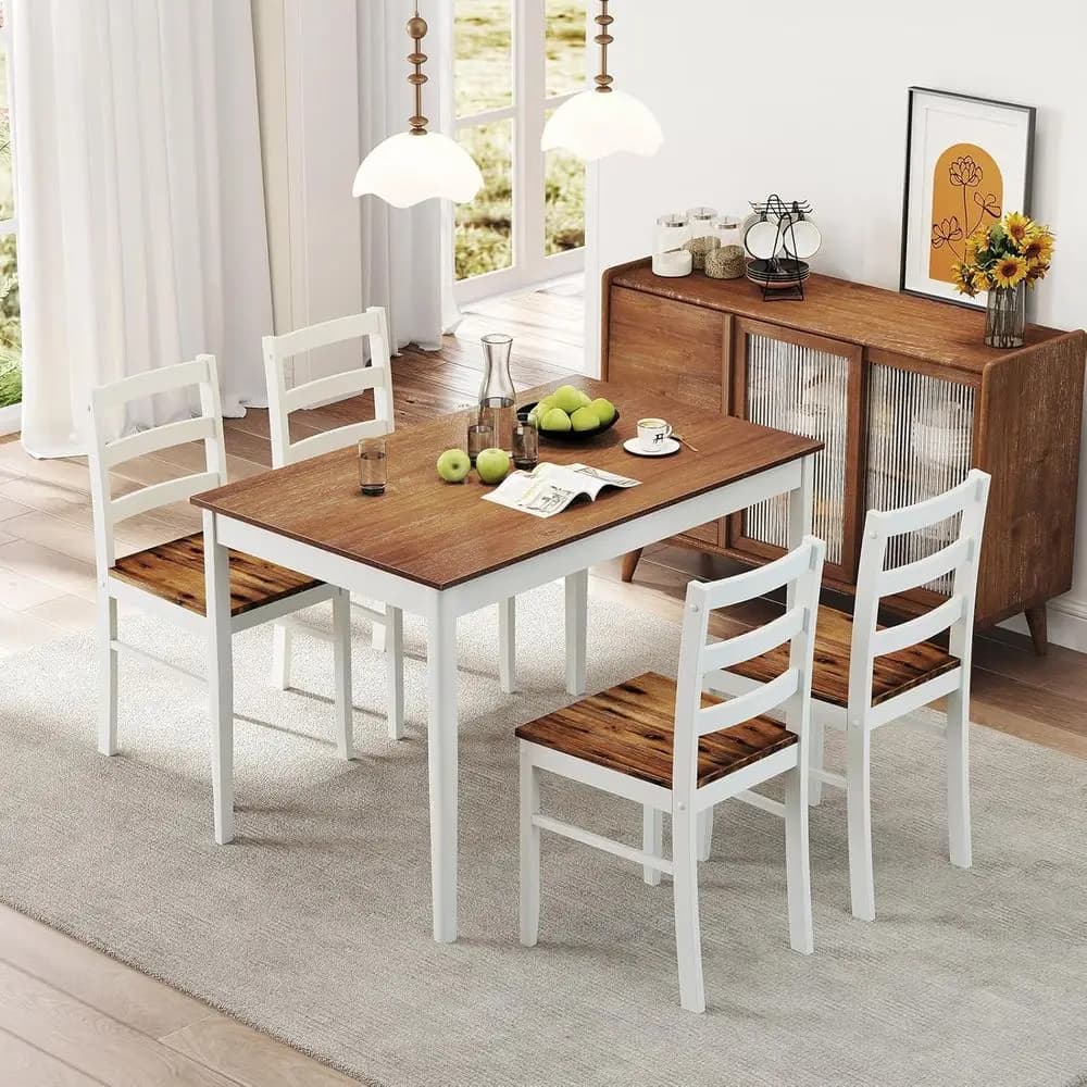 Set Tavolo da Pranzo per 4 Persone, Tavolo e Sedie da Cucina in Legno Massello, Set Sala da Pranzo con Grembiuli, Gambe in Legno di Gomma, Stile Moderno Secolo XX