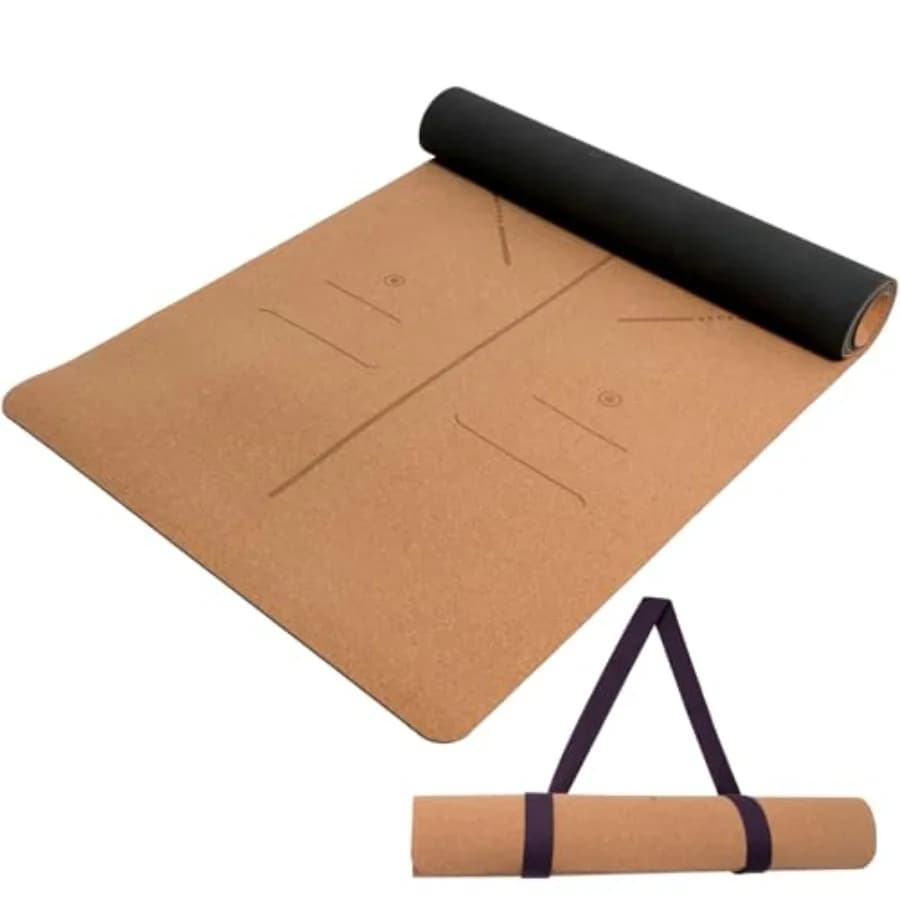 Tappetino Yoga in Sughero Antiscivolo, Resistente al Sudore e agli Odori, con Cinghia di Trasporto per Hot Yoga, Pilates e Allenamenti Fitness