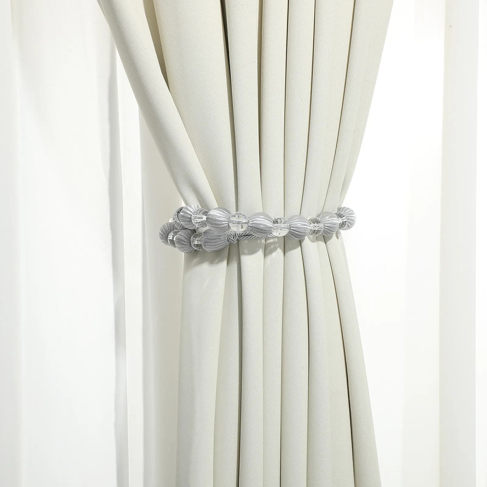 2 fermatende per tende con perline di cristallo, in acrilico bianco argento, con perle grandi da 2 cm, per tende leggere e pesanti