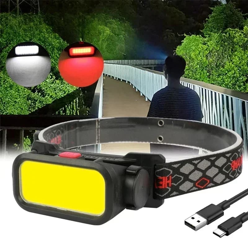Potenti fari a LED portatili 4 modalità Faro COB ricaricabile tramite USB con luce rossa Torcia per lampada da pesca notturna impermeabile