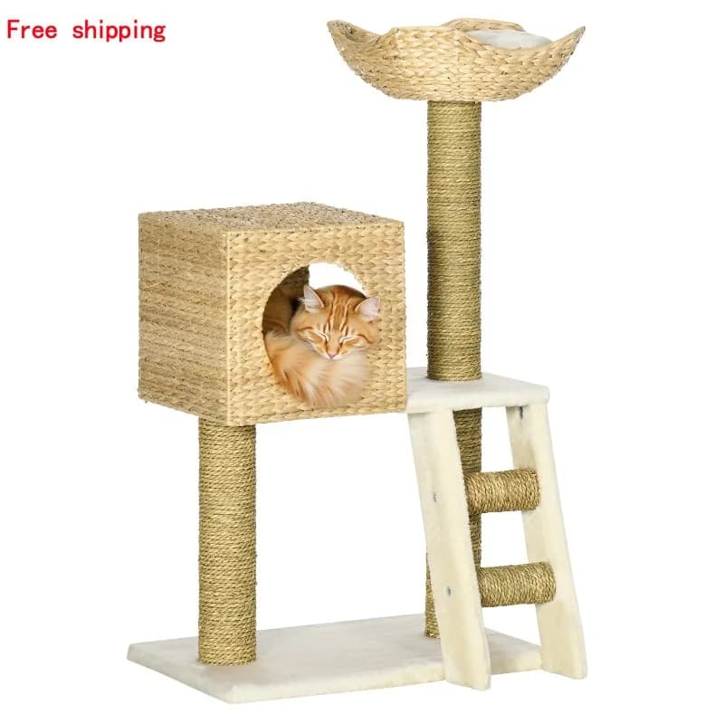 Albero per gatti moderno con grotta e cuscino a cesto, 22.5x14.5x39.5 pollici, con scala e tiragraffi per gatti di piccola taglia sotto i 4,5 kg