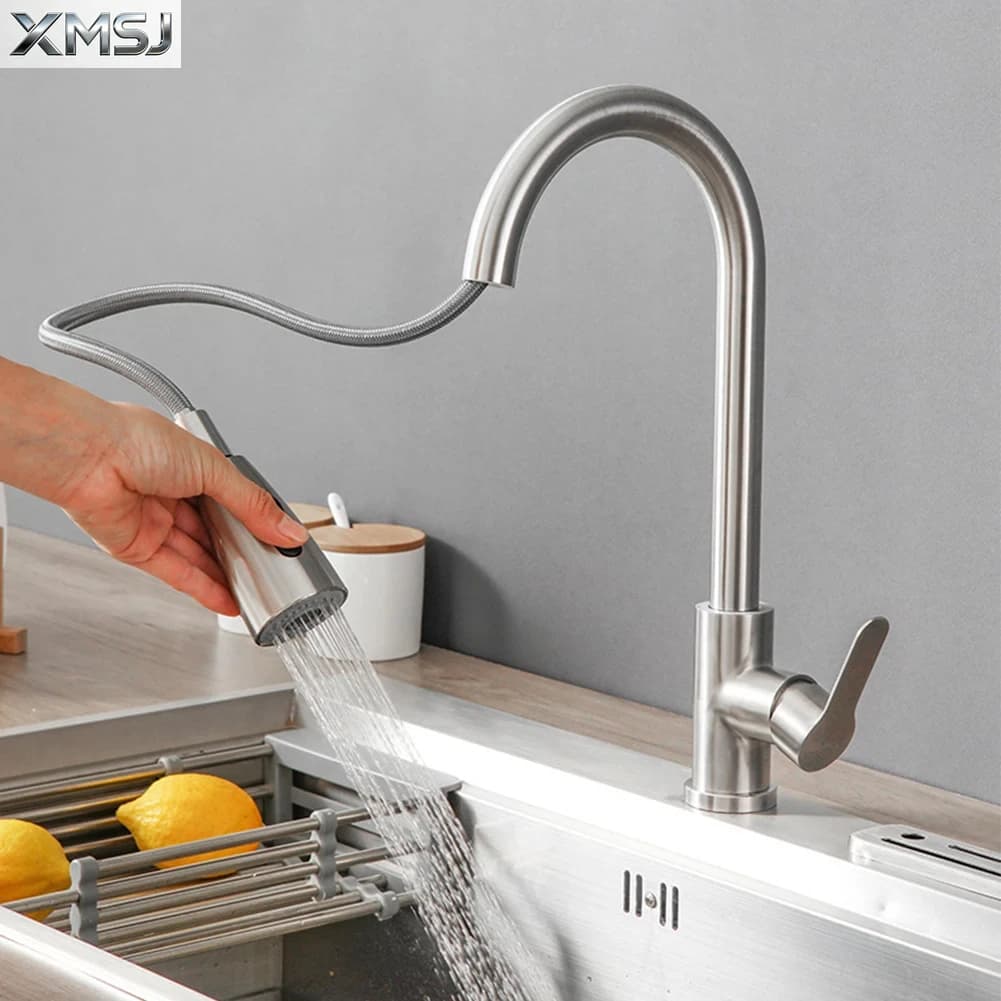 Rubinetti per lavello da cucina Rubinetto per lavello da cucina estraibile in acciaio inossidabile, miscelatore da piano con flusso e testa spruzzatore, rubinetti caldi e freddi